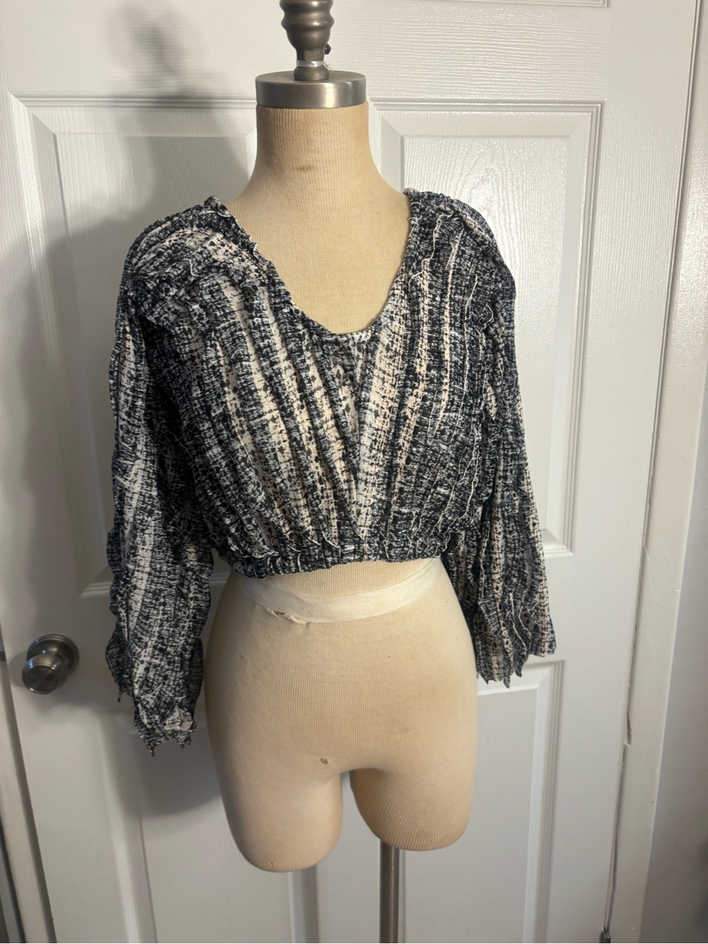 Textured Black & White Cropped Blouse - Women's Top
